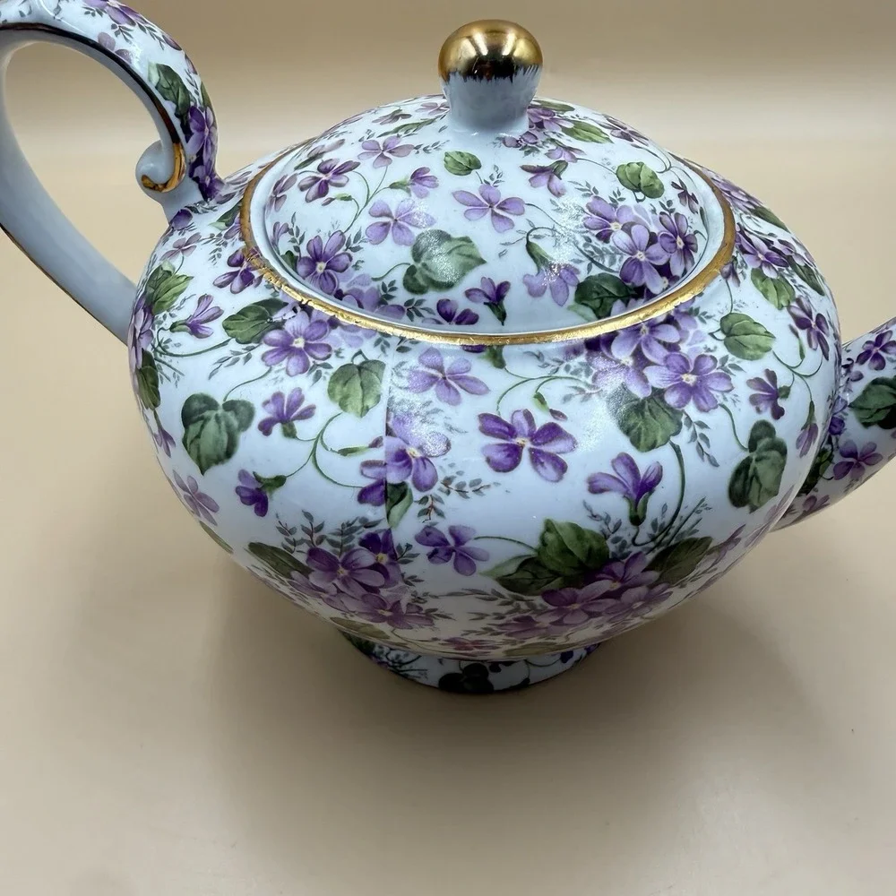 A Special Place Tea Pot Victorian Pansies Floral Purple Vintage 2003 Cottagecore